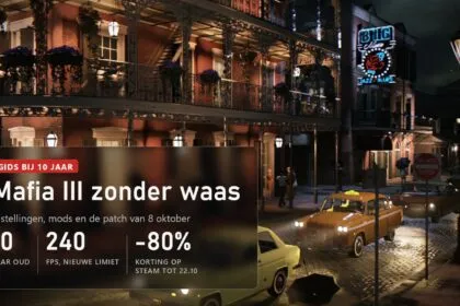 Nachtelijke straat in New Bordeaux met taxi's in Mafia III en het label van de jubileumgids