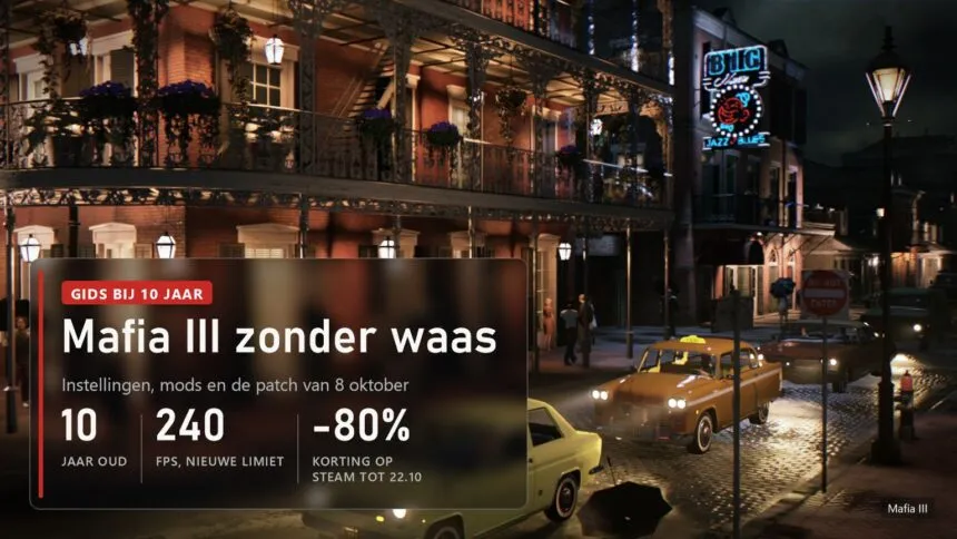 Nachtelijke straat in New Bordeaux met taxi's in Mafia III en het label van de jubileumgids