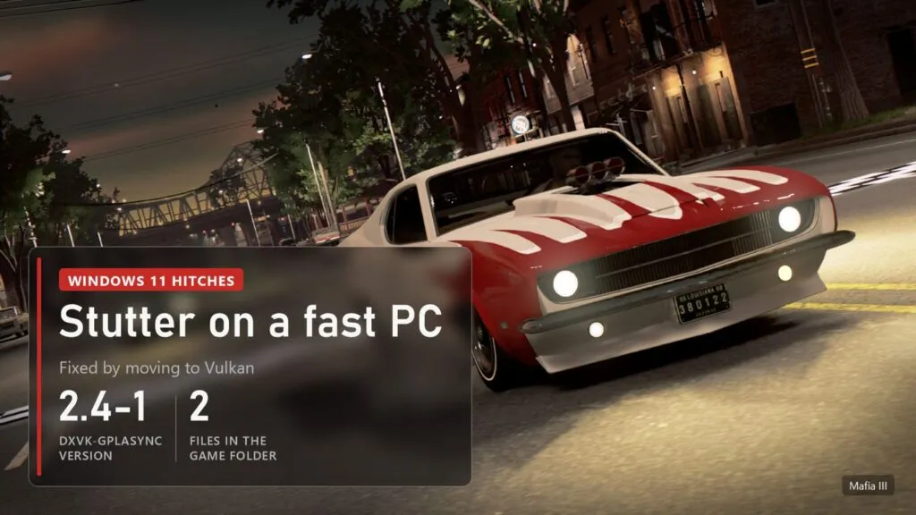 White muscle car with red stripes on a night street in Mafia III