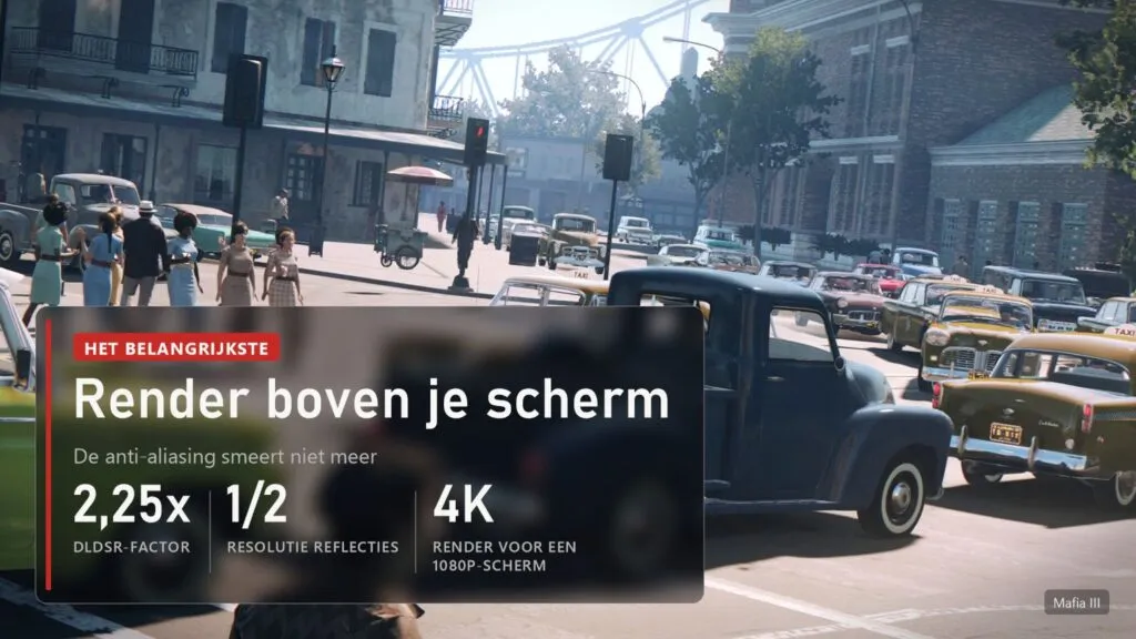 Straat overdag met auto's en voetgangers in Mafia III