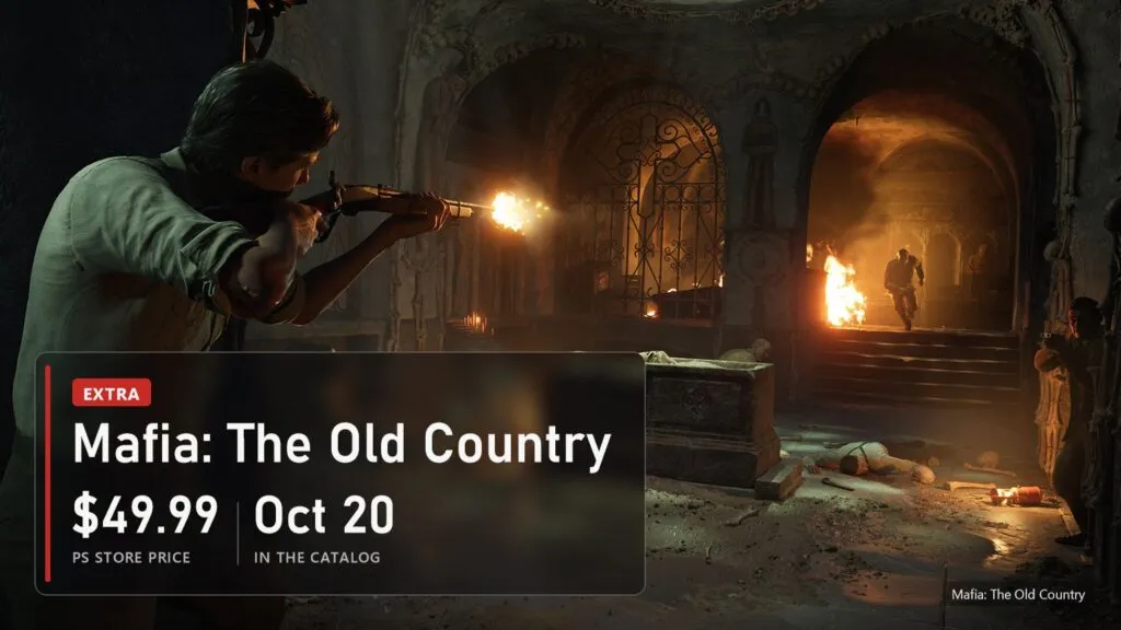Enzo Favara fires a rifle inside a burning crypt while enemies run through the archway