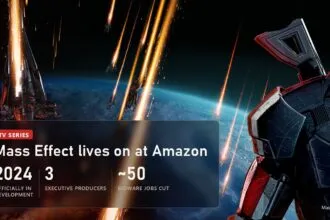 Shepard in N7 armour above a planet in Mass Effect 3 with a plate about the Amazon Mass Effect series