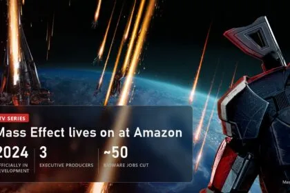 Shepard in N7 armour above a planet in Mass Effect 3 with a plate about the Amazon Mass Effect series