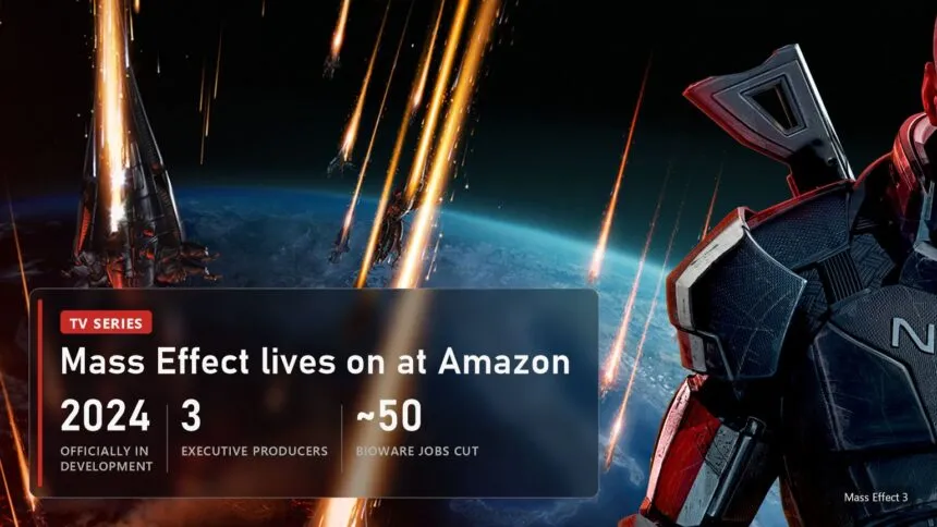 Shepard in N7 armour above a planet in Mass Effect 3 with a plate about the Amazon Mass Effect series
