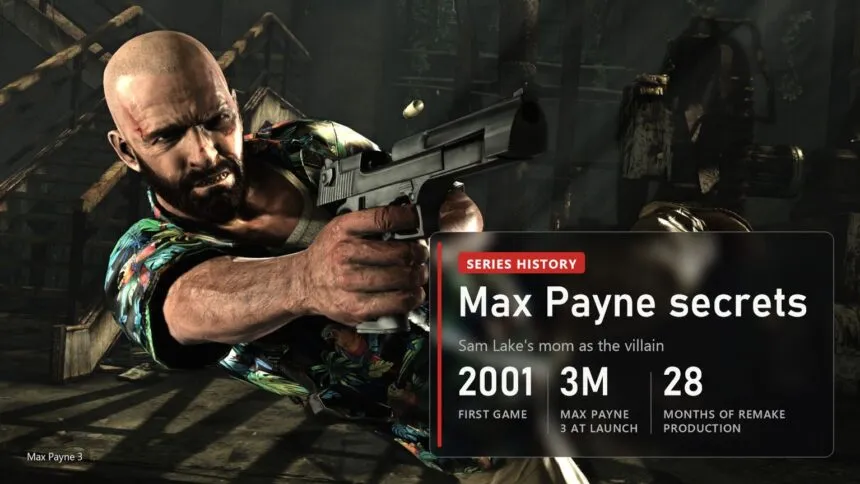 Bald Max Payne aiming a pistol in Max Payne 3, cover of the Max Payne series secrets article