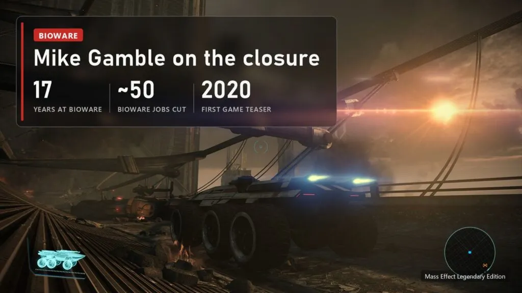 The Mako rover on an alien planet in Mass Effect Legendary Edition with a plate: Gamble's 17 years at BioWare, about 50 jobs cut, first game teaser in 2020