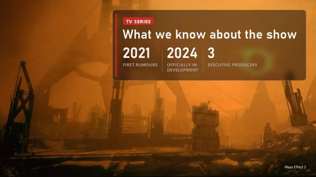 A city at sunset under an eclipse in Mass Effect 2 with a plate: show rumoured since 2021, officially in development since November 2024, 3 executive producers