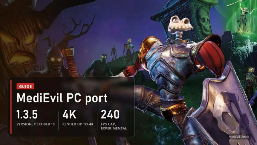 Sir Daniel Fortesque in the MediEvil PS4 remake, now on PC through a fan port: version 1.3.5, render up to 4K, experimental 240 FPS cap
