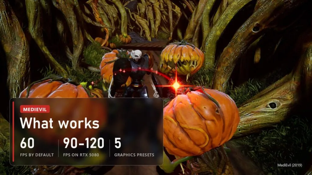 MediEvil PC port: 60 FPS by default, 90 to 120 FPS on an RTX 5080, five graphics presets