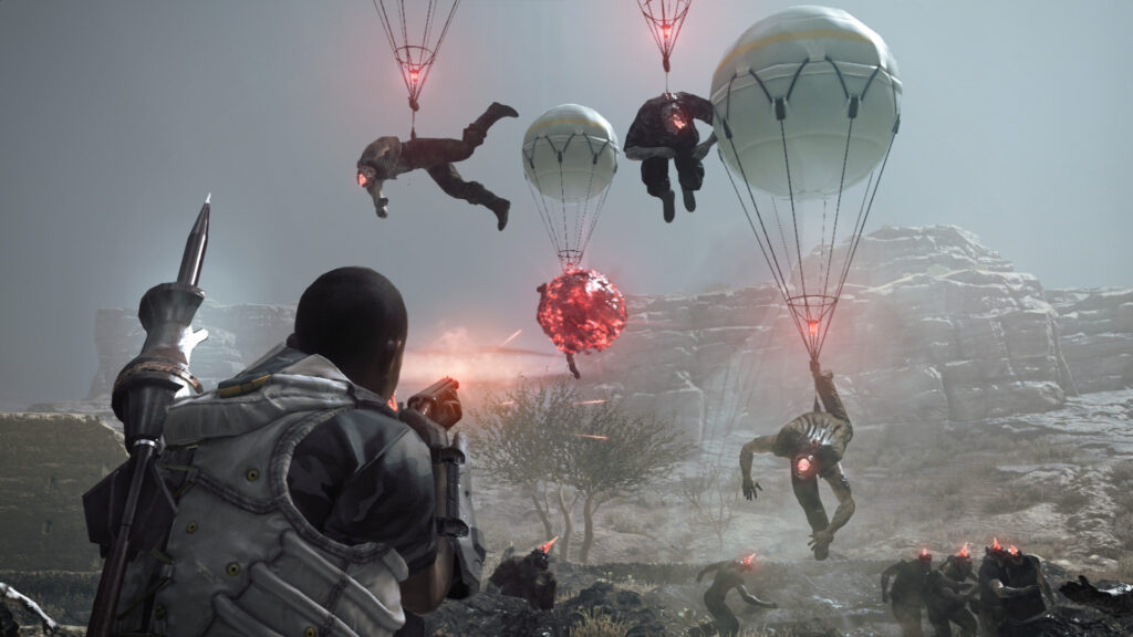 De held vecht tegen monsters onder parachutes in Metal Gear Survive