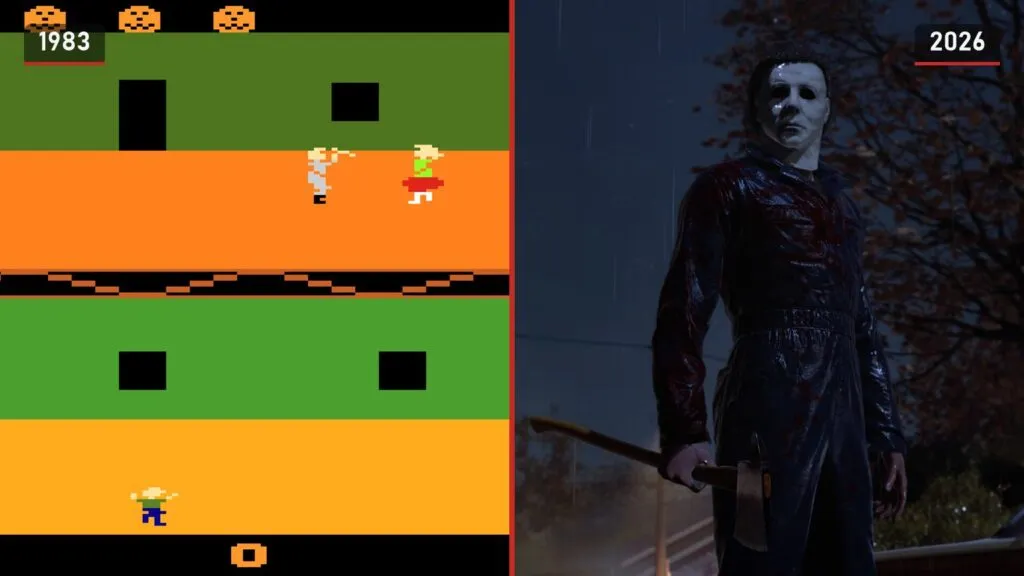 Left, a pixel killer with a knife and a babysitter on an orange floor in Halloween for the Atari 2600; right, Michael Myers holding an axe in the rain in Halloween: The Game