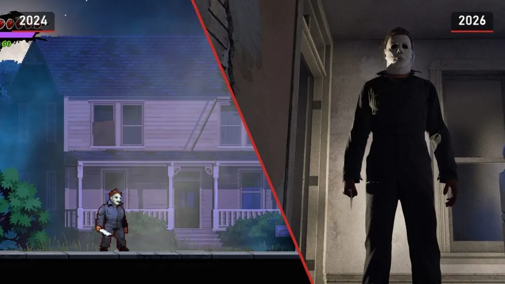 Left, pixel-art Michael Myers in front of a house at night in RetroRealms; right, Myers in coveralls standing in a doorway in Halloween: The Game