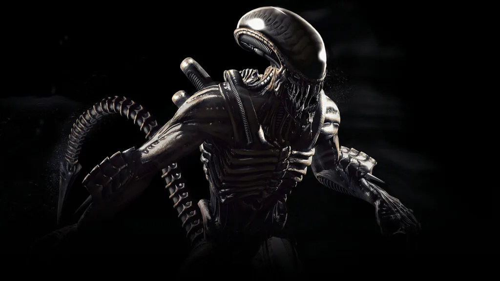 The Alien in a fighting stance on a black background, tail raised above its head