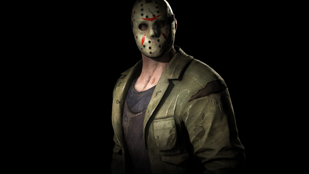 Jason Voorhees in his hockey mask and green jacket against a black background