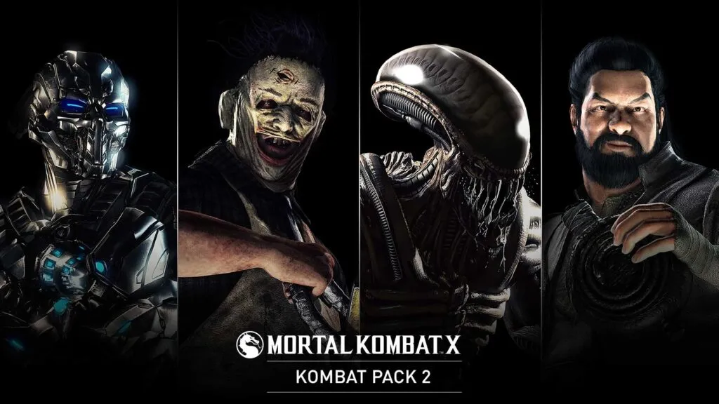 Четыре бойца набора Kombat Pack 2 на чёрном фоне: Трайборг, Кожаное лицо в маске, Чужой и Бо Рай Чо