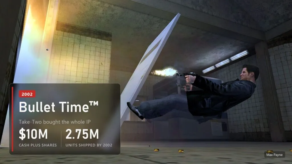 Max Payne dives through the air in bullet time in Max Payne