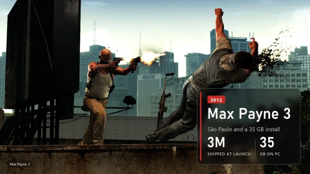 Max Payne shoots while jumping off a Sao Paulo rooftop in Max Payne 3
