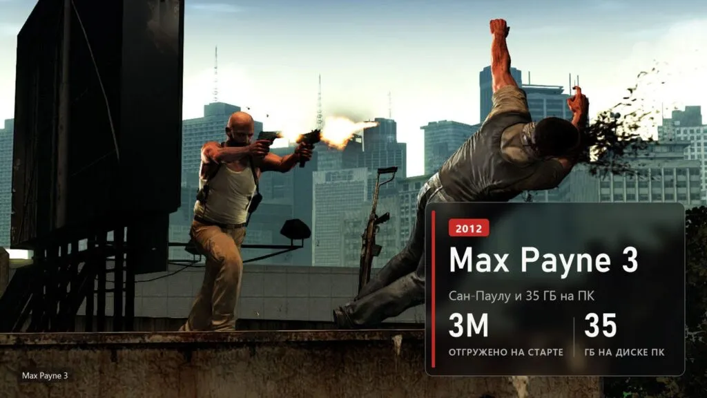 Макс Пейн стреляет в прыжке с крыши в Сан-Паулу в Max Payne 3