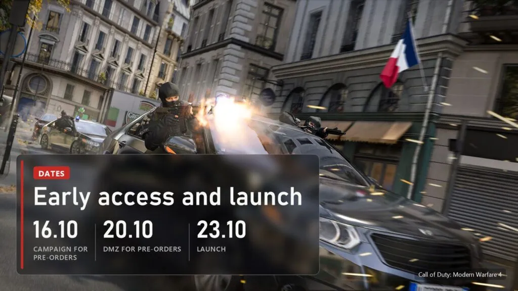 A car chase through the streets of Paris in Call of Duty: Modern Warfare 4 with a plate of early access and launch dates