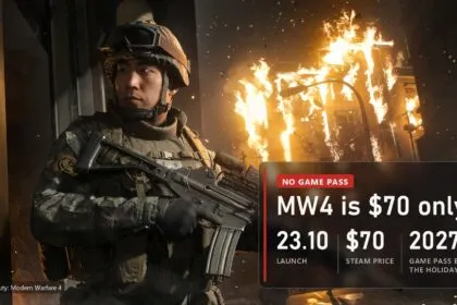 A South Korean soldier by a burning house in Call of Duty: Modern Warfare 4 with a plate about the launch without Game Pass