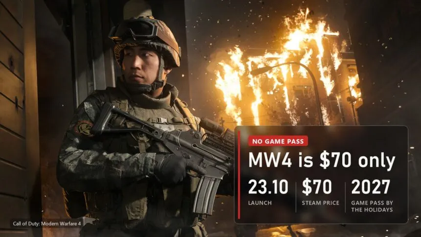 A South Korean soldier by a burning house in Call of Duty: Modern Warfare 4 with a plate about the launch without Game Pass