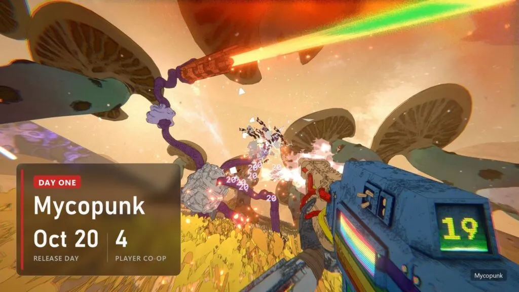 First-person view of a rainbow gun firing at a giant fungal creature among huge mushrooms