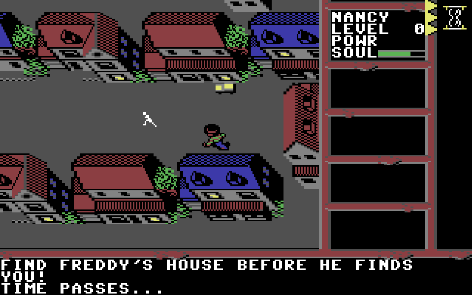 Nancy rent door een straat tussen huizen, onderaan de tekst Find Freddy's house before he finds you
