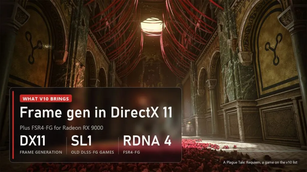 Cathedral hall with red ribbons in A Plague Tale: Requiem with a plate listing OptiScaler v10 features