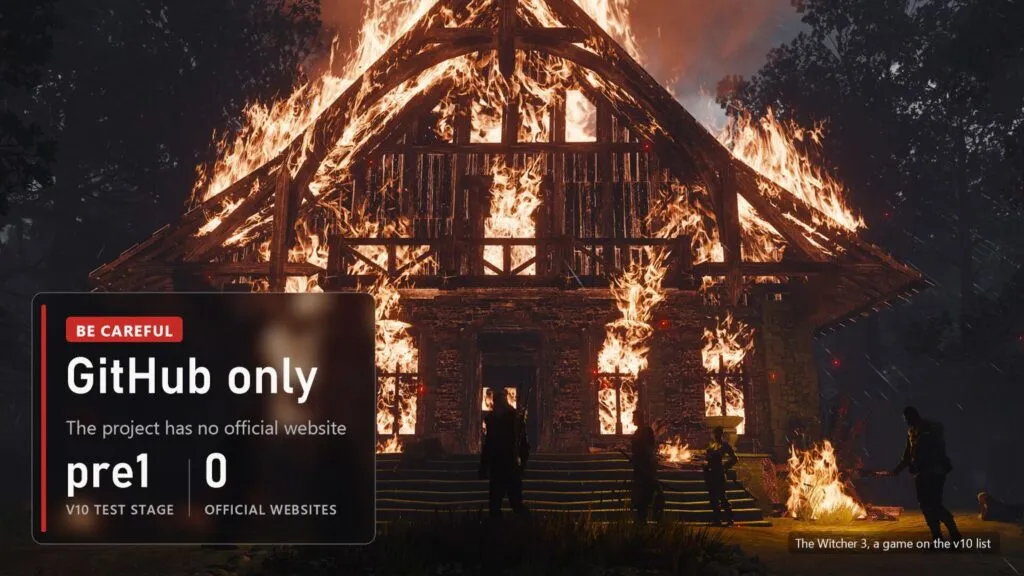 Burning house at night in The Witcher 3 with a plate warning to download OptiScaler from GitHub only
