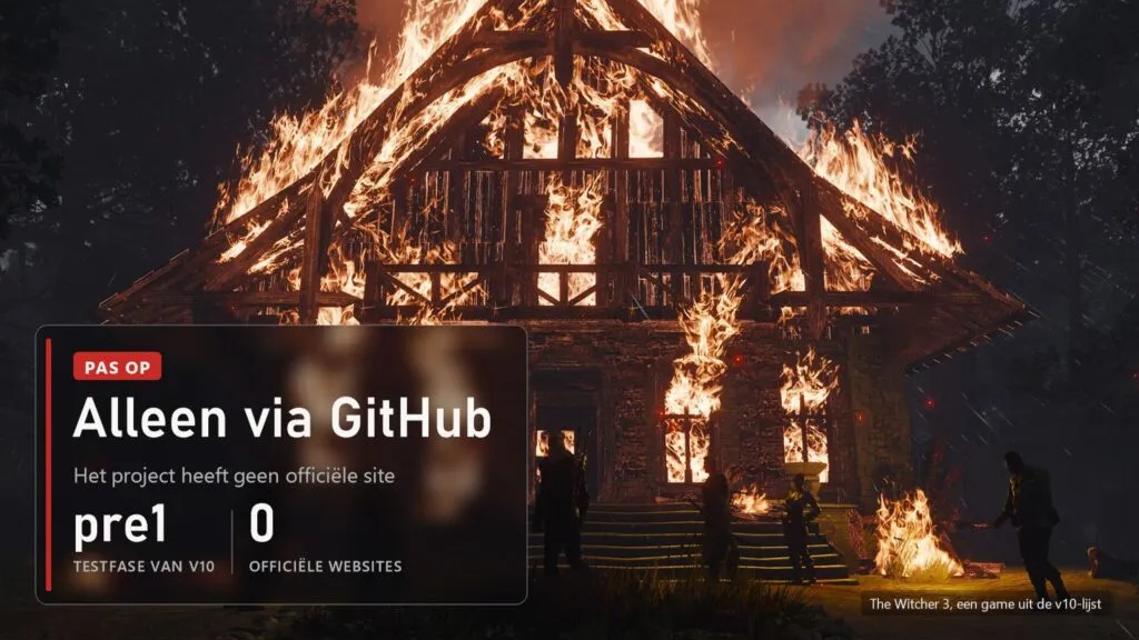 Brandend huis bij nacht in The Witcher 3 met een waarschuwing om OptiScaler alleen via GitHub te downloaden