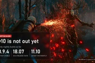 Geralt fighting a leshen in The Witcher 3 with a plate on the OptiScaler v10 status