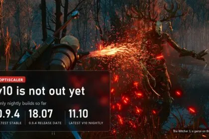 Geralt fighting a leshen in The Witcher 3 with a plate on the OptiScaler v10 status