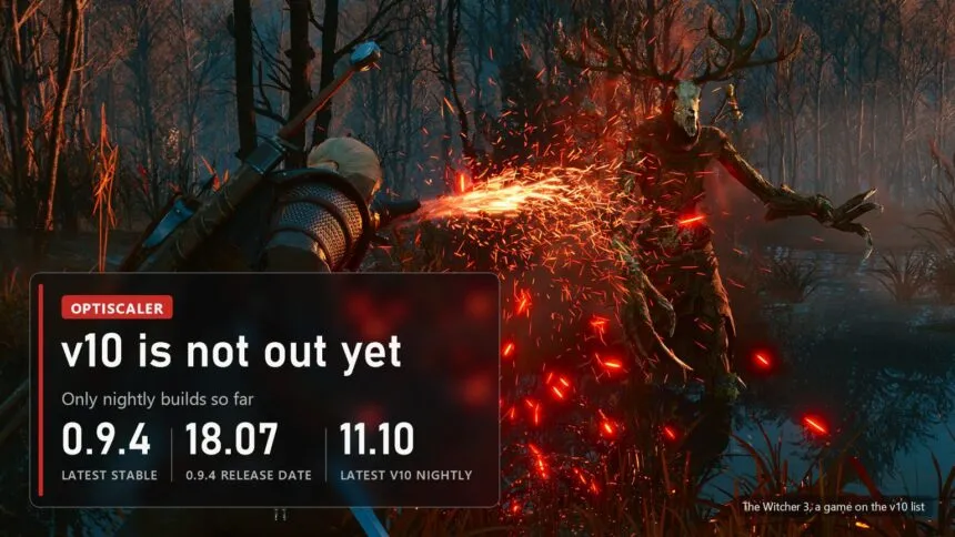 Geralt fighting a leshen in The Witcher 3 with a plate on the OptiScaler v10 status