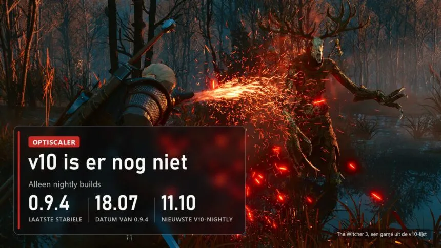 Geralt vecht met een leshen in The Witcher 3 met een label over de status van OptiScaler v10