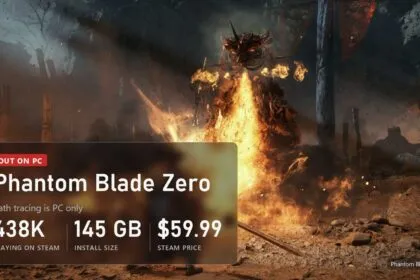 Fire demon in Phantom Blade Zero with a panel: 438K players on Steam, 145 GB install, $59.99 price