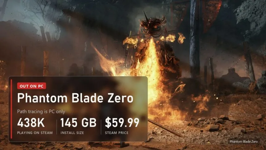 Fire demon in Phantom Blade Zero with a panel: 438K players on Steam, 145 GB install, $59.99 price