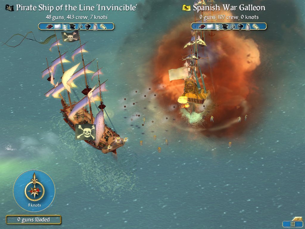 A pirate ship of the line fights a Spanish war galleon, cannon fire flashing over the water, from Sid Meier's Pirates! 2004