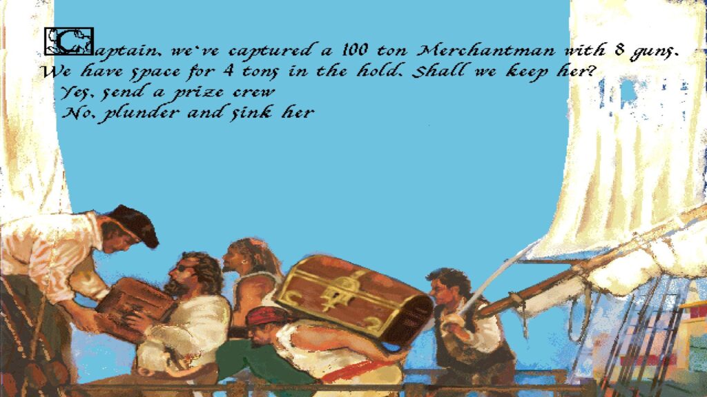 Pirates haul a treasure chest on deck while text above reports a captured merchant ship, from Pirates! Gold, 1993
