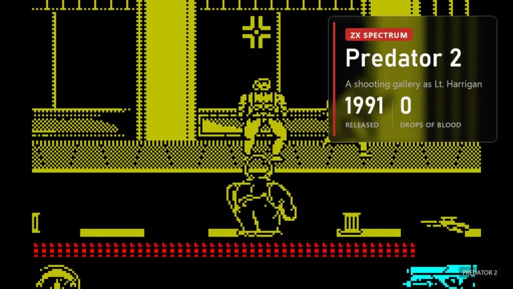 Yellow and black ZX Spectrum frame: a street, Harrigan's silhouette in front and a crosshair at the top