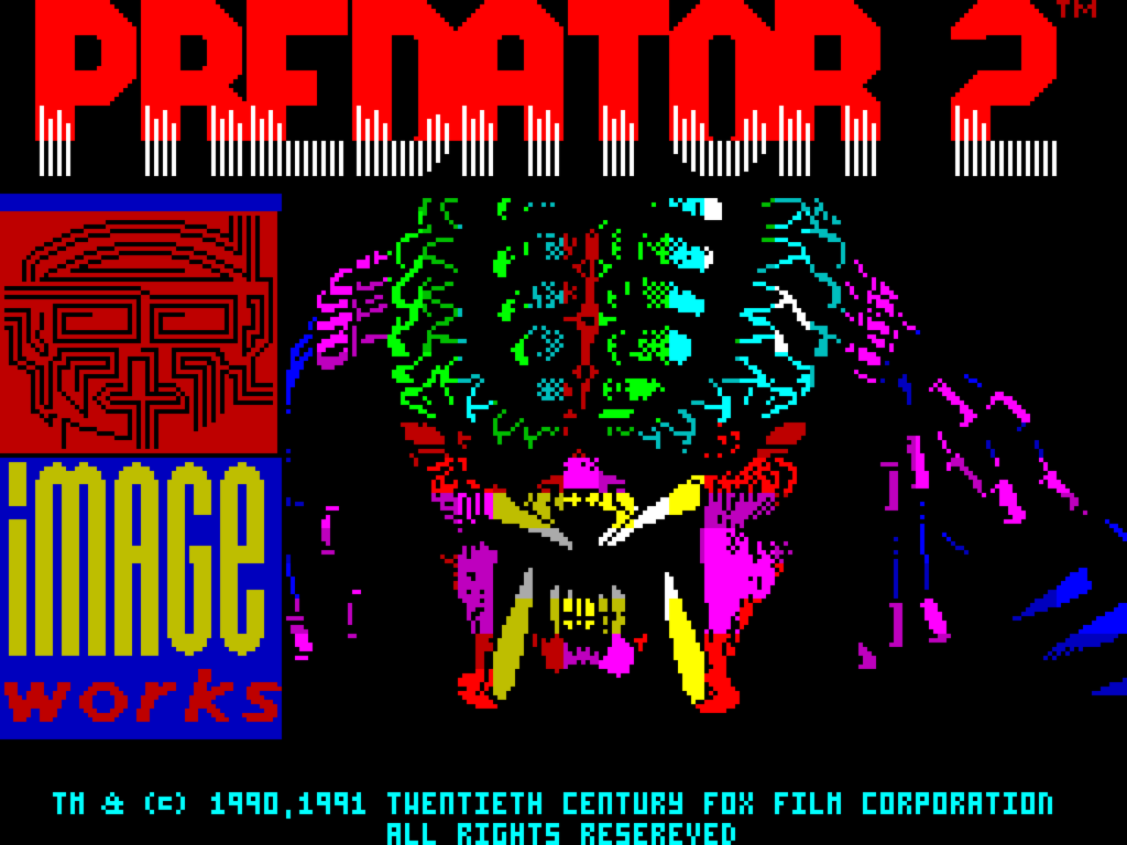 Экран загрузки ZX Spectrum: красная надпись PREDATOR 2, логотип Image Works и разноцветная морда Хищника с жвалами