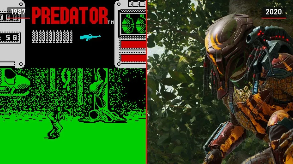 Слева зелёные пиксельные джунгли ZX Spectrum с надписью PREDATOR и счётчиками, справа Хищник в маске крупным планом среди листвы