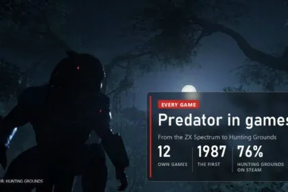 A dark Predator silhouette in the night jungle under the moon, panel "Predator in games": 12 own games, the first in 1987, 76% positive Steam reviews for Hunting Grounds