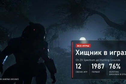 Тёмный силуэт Хищника в ночных джунглях под луной, плашка "Хищник в играх": 12 своих игр, первая в 1987 году, 76% отзывов Hunting Grounds в Steam