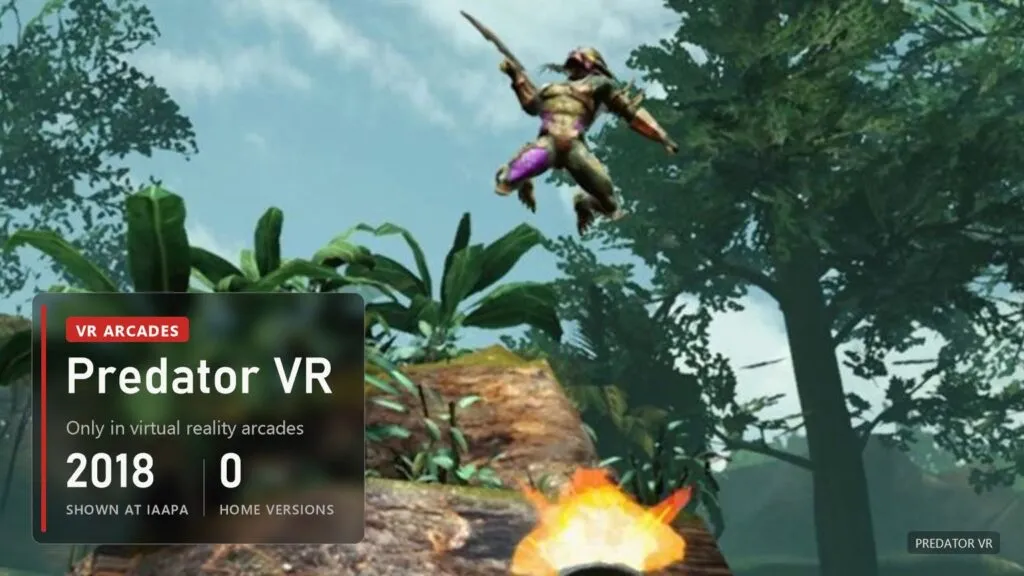 A Predator leaping over the jungle with a blade in hand, a muzzle flash below
