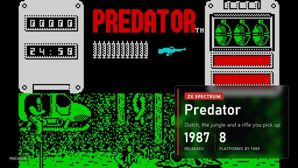 Green ZX Spectrum jungle with the PREDATOR logo, a timer and grenades at the top and a tiny Dutch running below