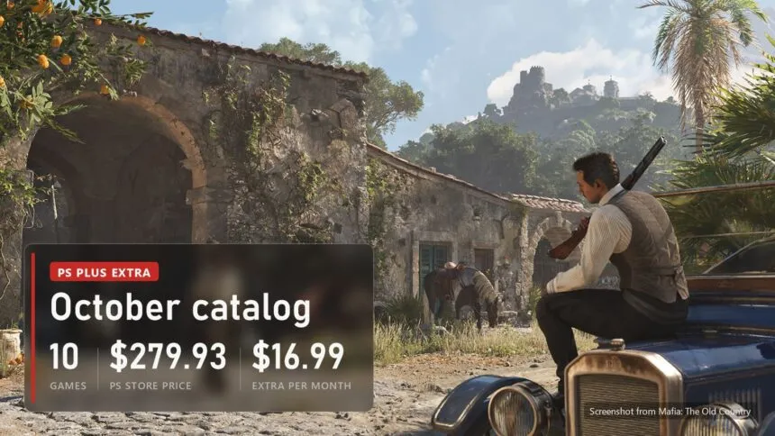 PS Plus Extra October 2026 catalog: Enzo from Mafia: The Old Country sits on a vintage car in a Sicilian village