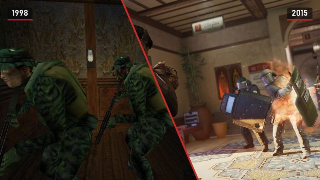 Links soldaten in groene camouflage uit Rainbow Six (1998), rechts GIGN-operators met schilden in een explosie in een Marokkaanse hal uit Rainbow Six Siege