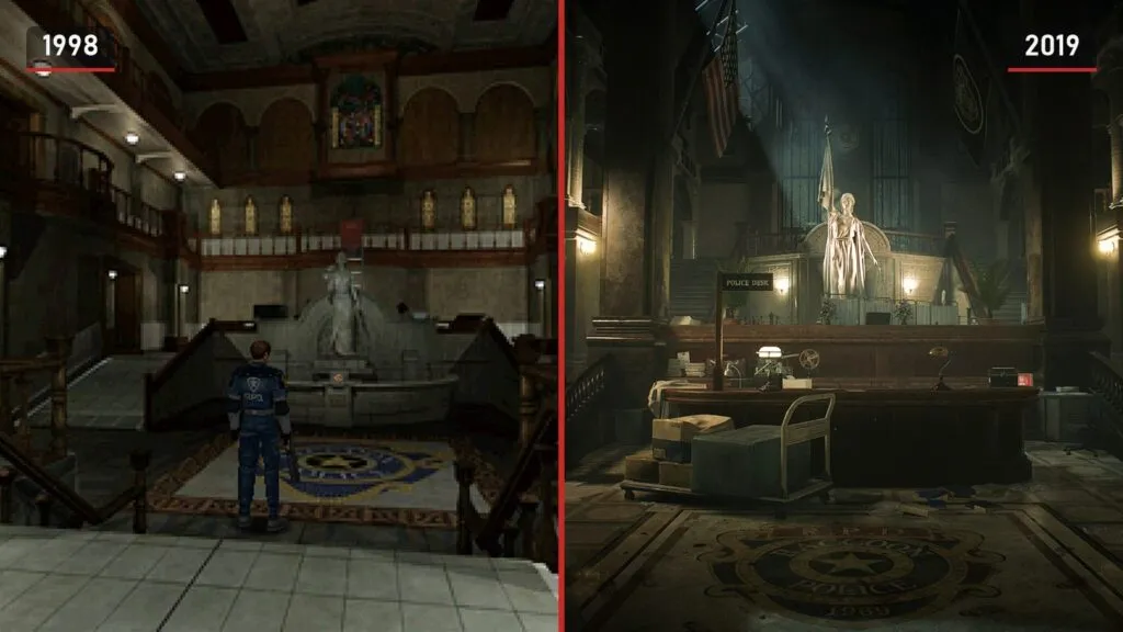 The Raccoon police station hall in Resident Evil 2 from 1998 and the 2019 remake