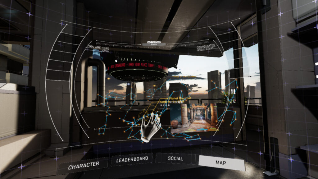Menu voor personage en kaart in de VR-ervaring Ready Player One: OASIS beta