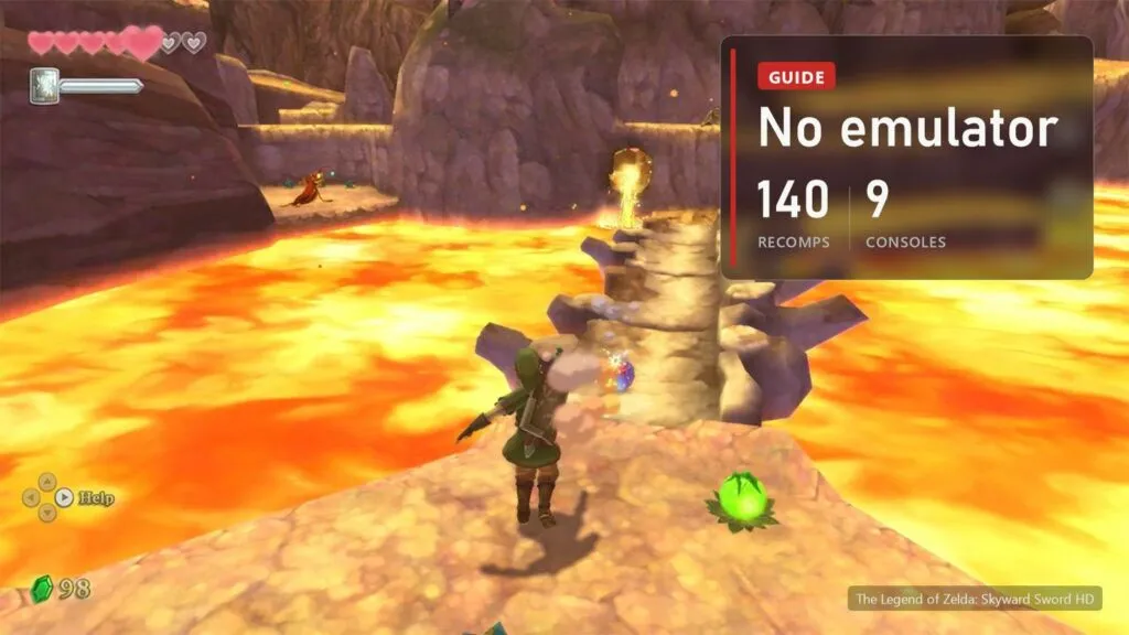 Link in a lava temple in The Legend of Zelda: Skyward Sword HD with a plate: 140 recomps with builds across 9 consoles